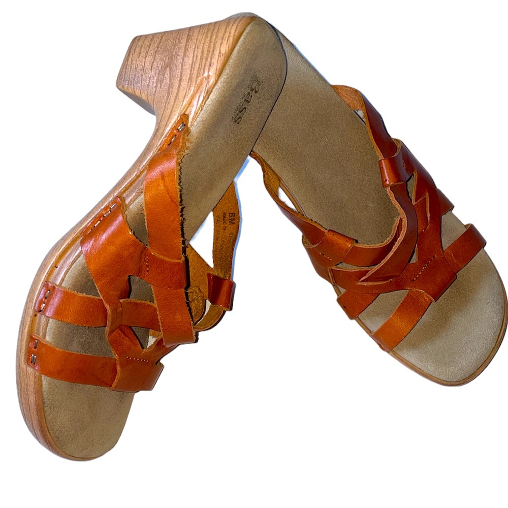 BASS Made in Italy Brown Strappy Leather Clog Wedge Slip on Sandal Size:8M